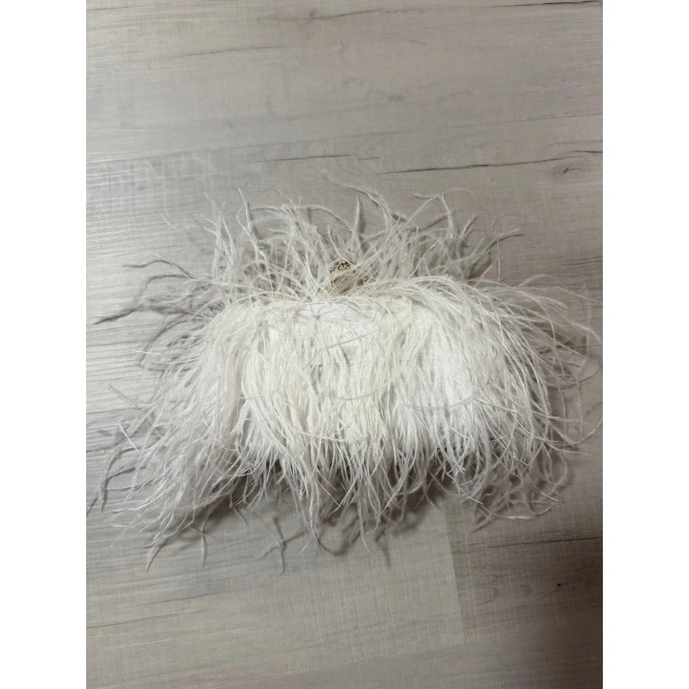 White Feather Clutch Bag Gold Rhinestone Ring Clasp Evening Bag